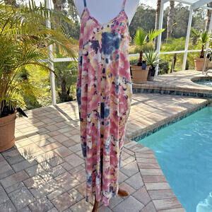 Zenana Tie Dye Slim Spaghetti Strap Sun Boho Maxi Dress L Large